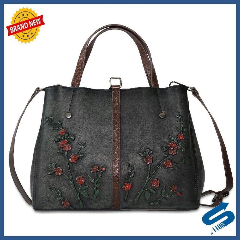 Genuine Leather Satchel Handbag Crossbody Purse Top Handle Vintage Embossed